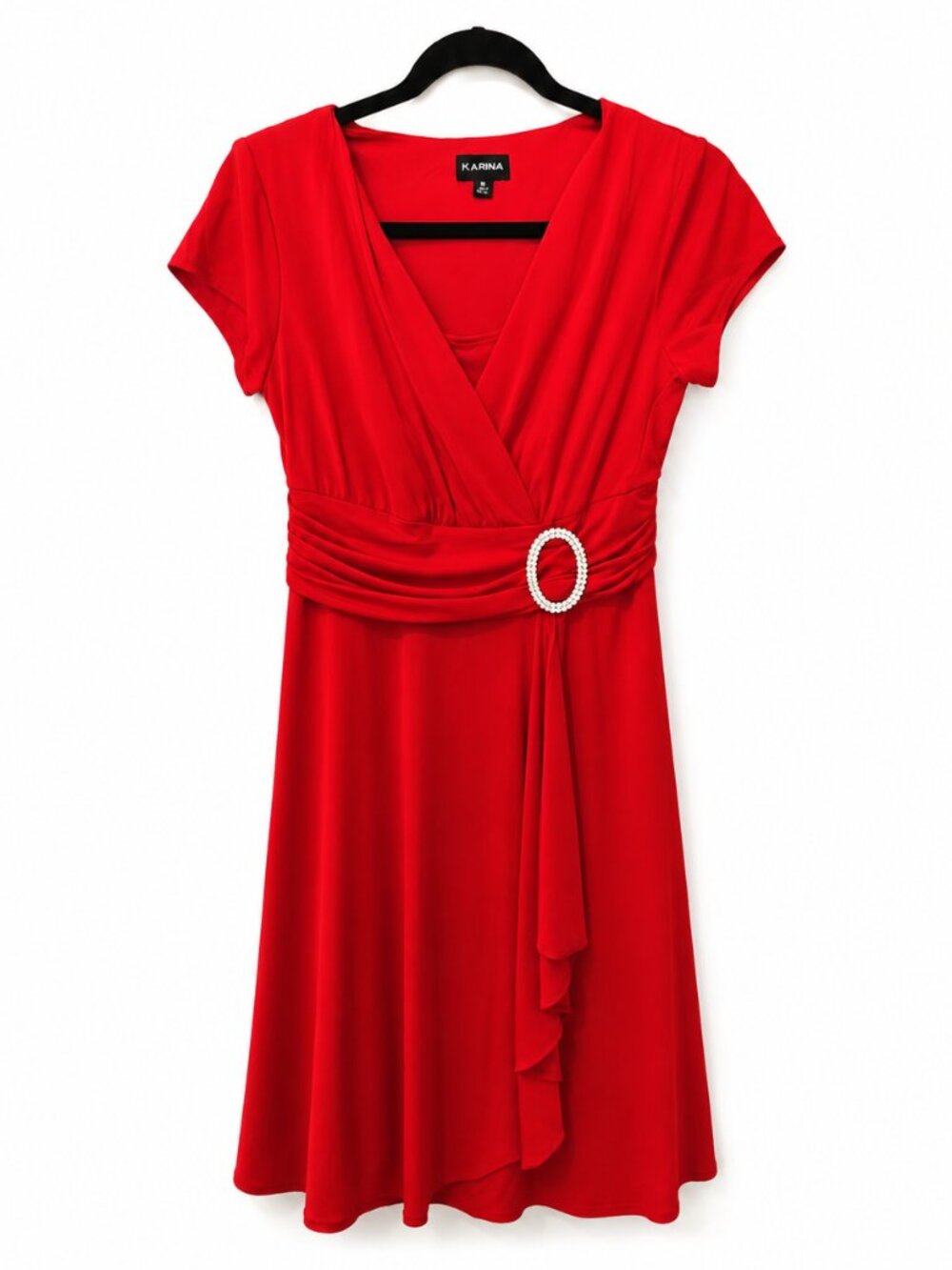 Red faux wrap with O ring rhinestone embellished buckle